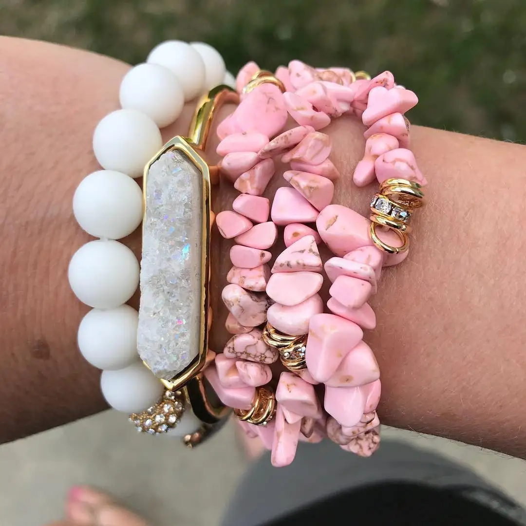 Boho Natural Stone Druzy Agate With Rose Quartz Crystal Howlite Stacked Beaded Bracelet Set,Healing Gemstones Gift for Her