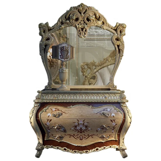 Luxury Antique Style Carved Wood Cabinet with Mirror Marquetry Inlaid Side Storage Cabinet for Living Room in Royal Palace