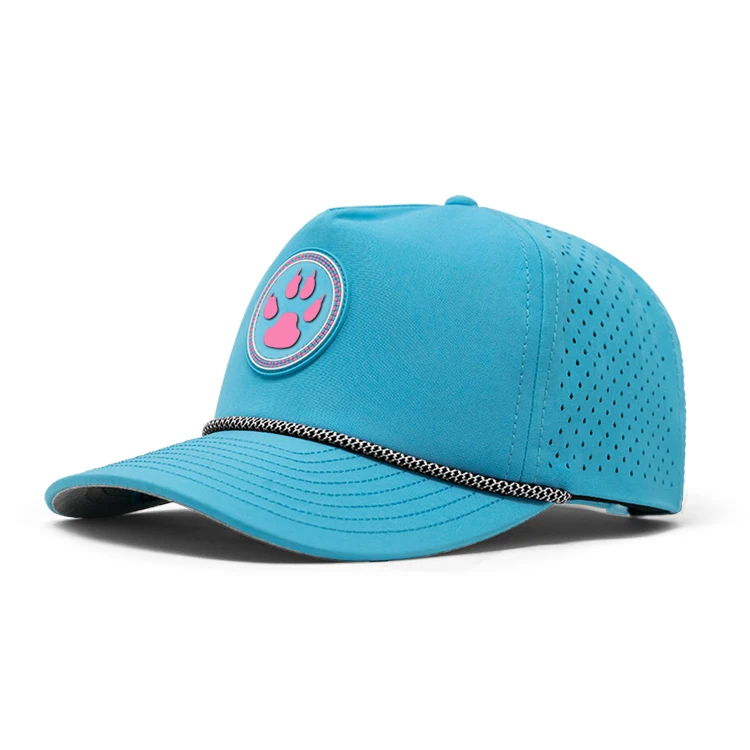 Wholesale Custom Waterproof Laser Cut Drilled Hole Perforated Hat 5 Panel Rubber Pvc Logo Baseball Cap