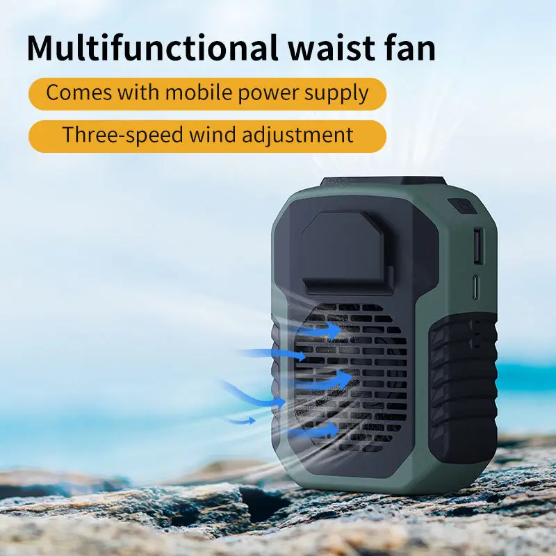 Outdoor Portable Rechargeable Fan 2000mAh Hanging Neck/Waist Fans 3 Wind Speed Mute Fan with Power Bank