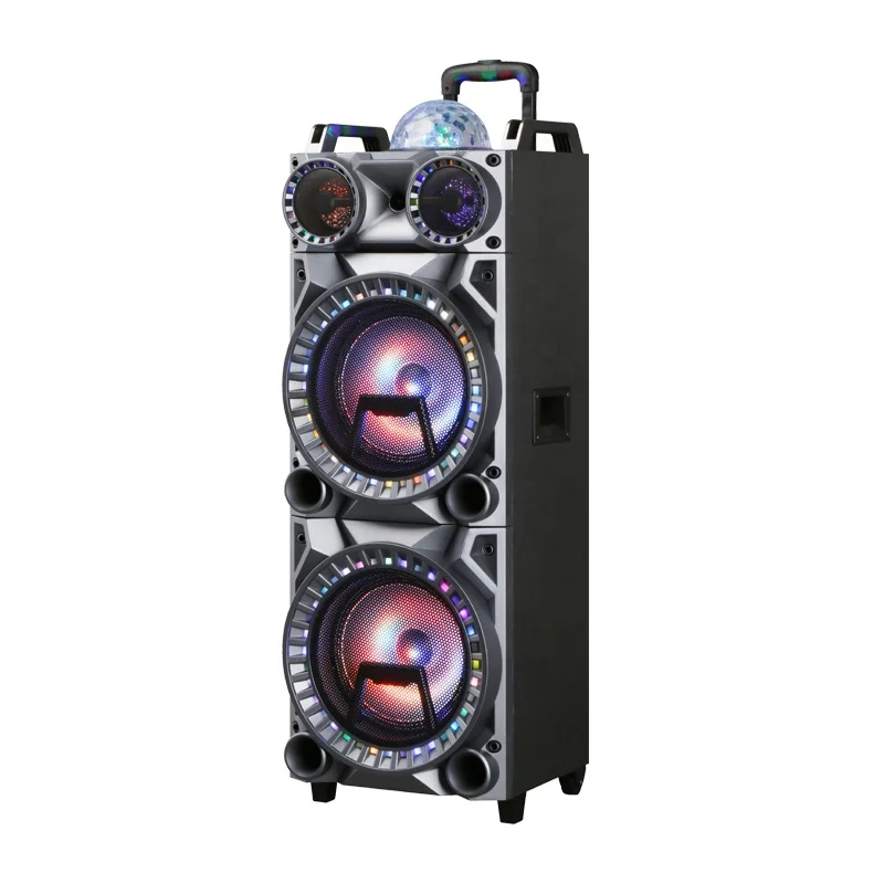 double 10inch BT  dj flashing light usb karaoke portable speaker  trolley wooden rechargeable speaker