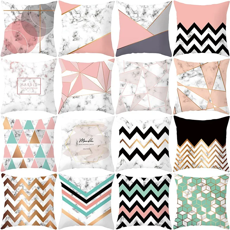 High Quality Geometric Marble Square Simple Striped Pattern Home Decor Sofa Stretch Elastic Pink Color Velvet Cushion Cover