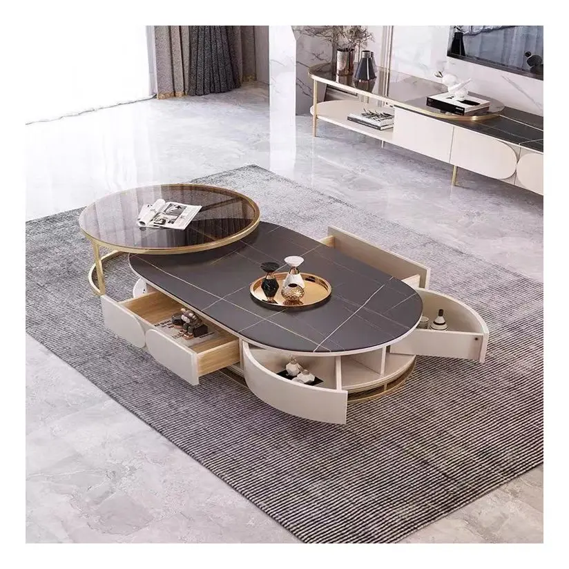 Modern Marble Stainless Steel Gold Wicker Clear double Coffee Table With Wooden and White Glass