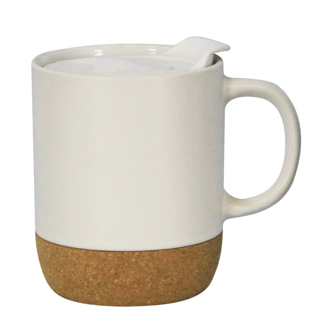 coffee Cup Cork Bottom PP Lid 12OZ White Ceramic Coffee Mugs Manufacturer With Logo Supplier Custom Customizable Wholesale