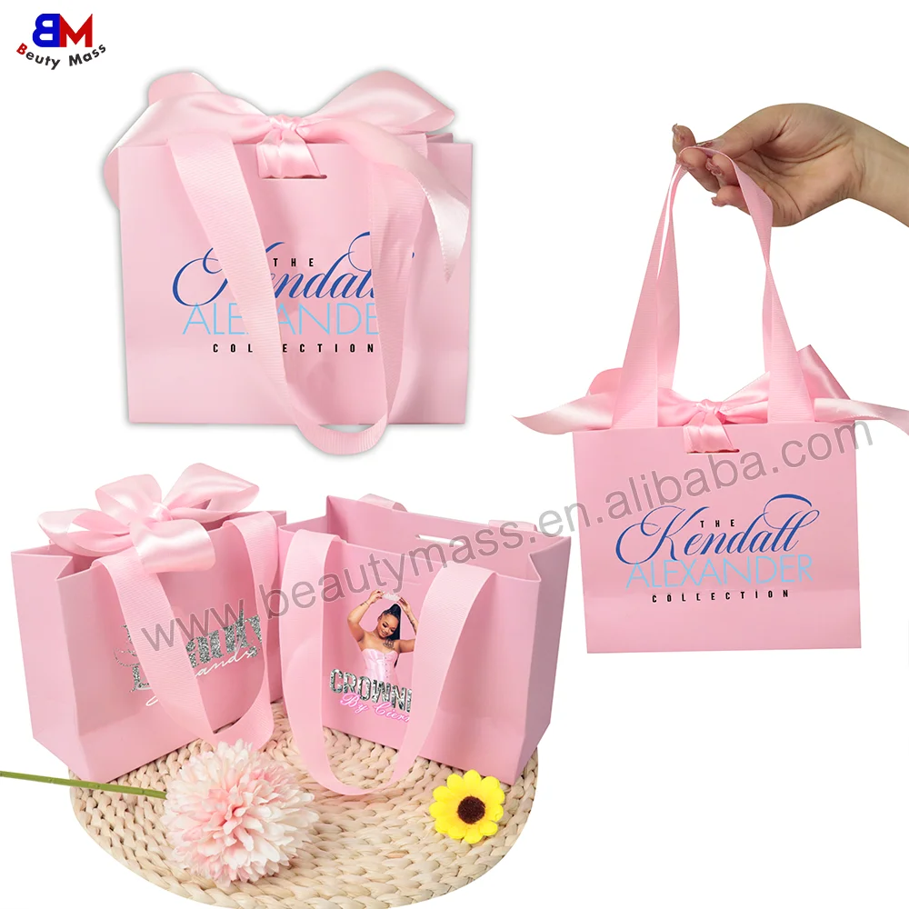 Wholesale custom printed pink luxury shopping gift paper bag with handle and bow ,luxury paper bags with your own logo