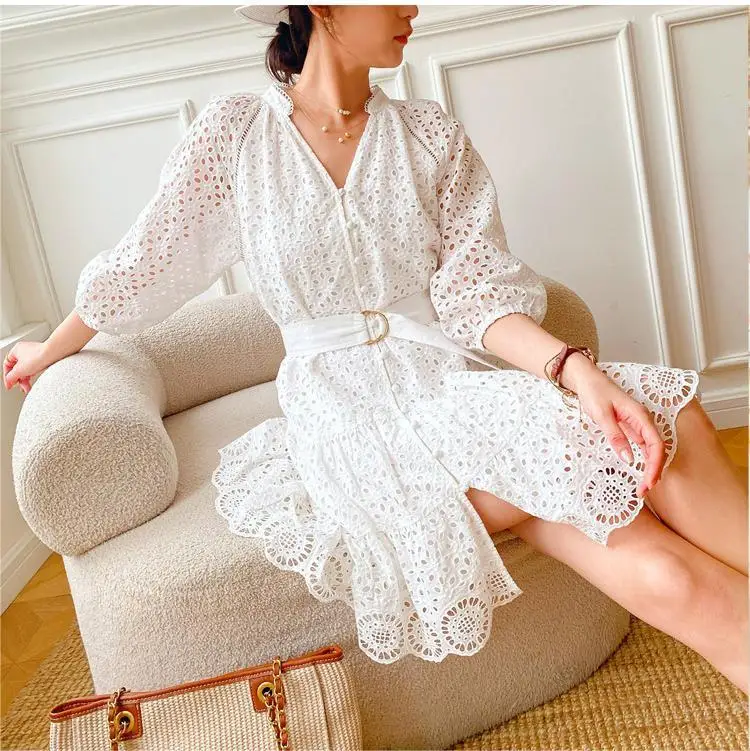 Новинка весна-лето 2023, белое платье с вышивкой, французская нишевая дизайнерская женская одежда