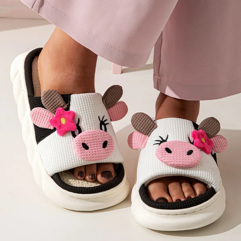 best selling vaquita Milk Cow lady Slippers linen Cartoon Soft Padded Warmth Chinelos pantoffe Pantoufles pantuflas