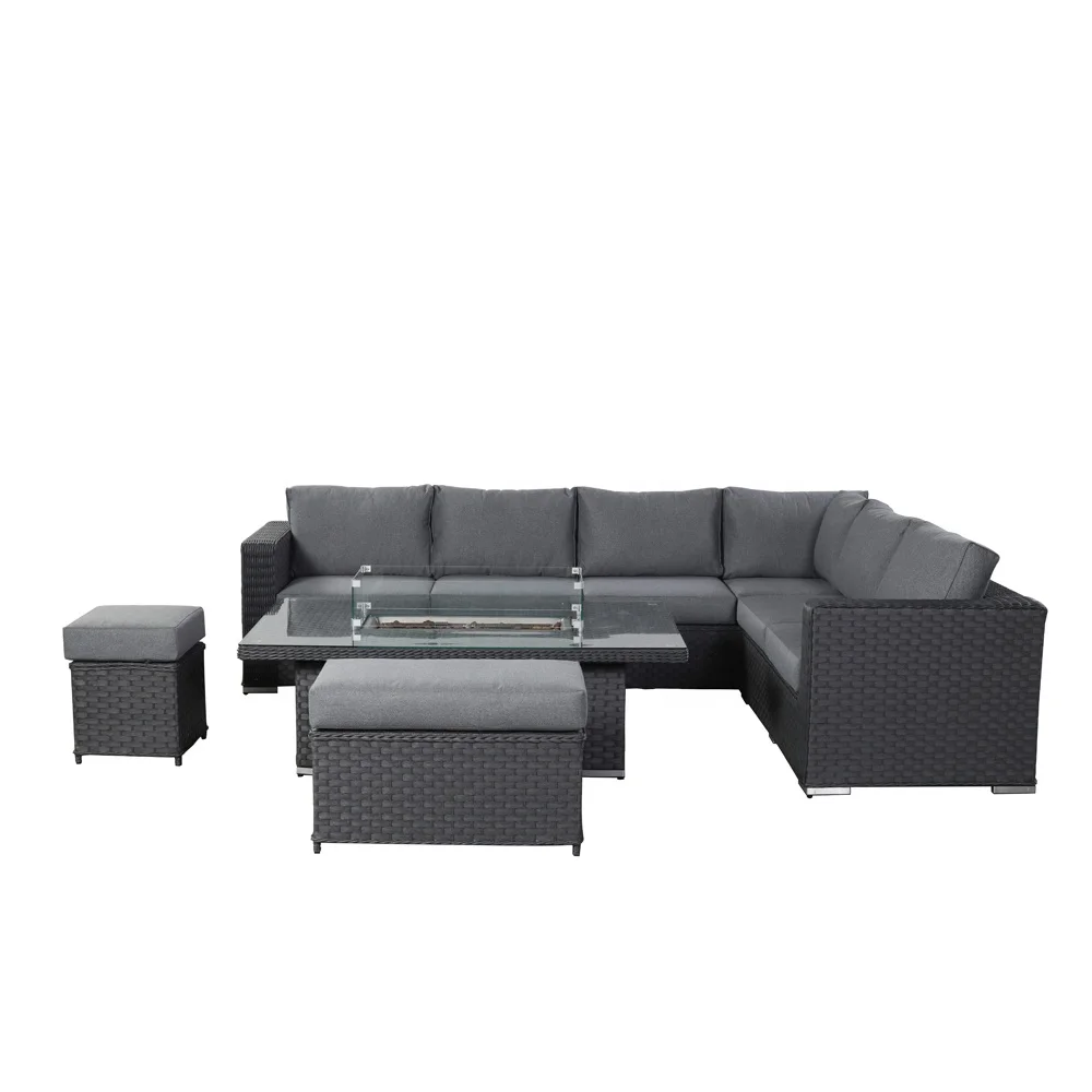 Rattan Garden Corner Sofa Rising Dining Table Set with Fire Pit in Grey or Natural