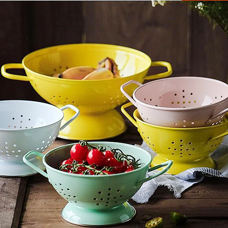 2022 novelty marble pattern fruit basket storage food bowl custom color plain blank metal steel enamel colander