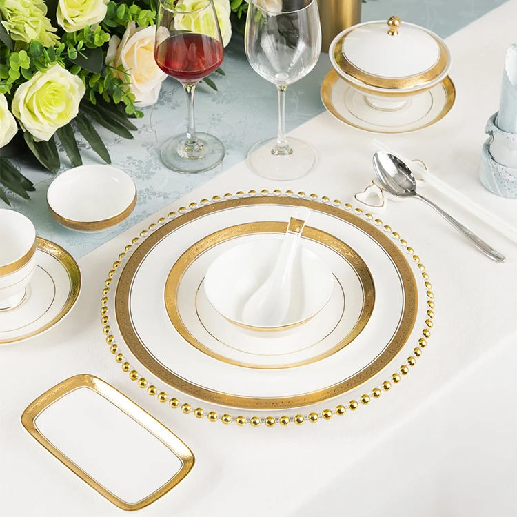 PITO Dinnerware Plate Set Steak Plate Classic Tableware Dinnerware Set for Hotel Gold Style Ceramic Royal Luxury Bone China