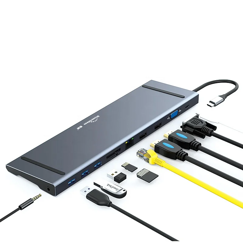 USB C HUB Dongle 11-in-1 USB C Adapter Docking Station with 4K output VGA Type C PD   USB3.0 RJ45 Ethernet SD/TF Card Reader