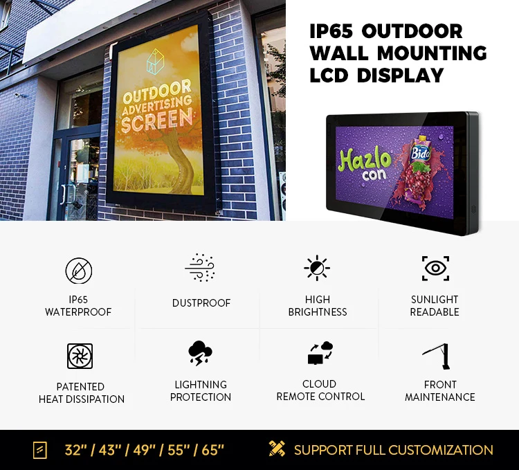 Lcd Indoor Outdoor Wall Mount Hanging Mounted Advertising Screen Ips Screen Ip65 Anti-Rust Digital Signage And Displays Video