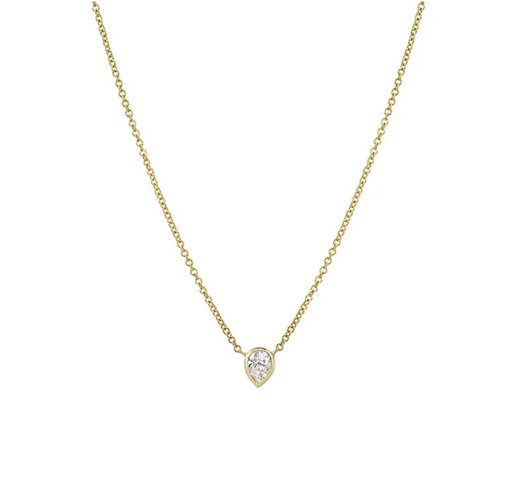 Minimalist 14K Solid Gold Pear Natural Diamond Bezel Choker Necklace Jewelry