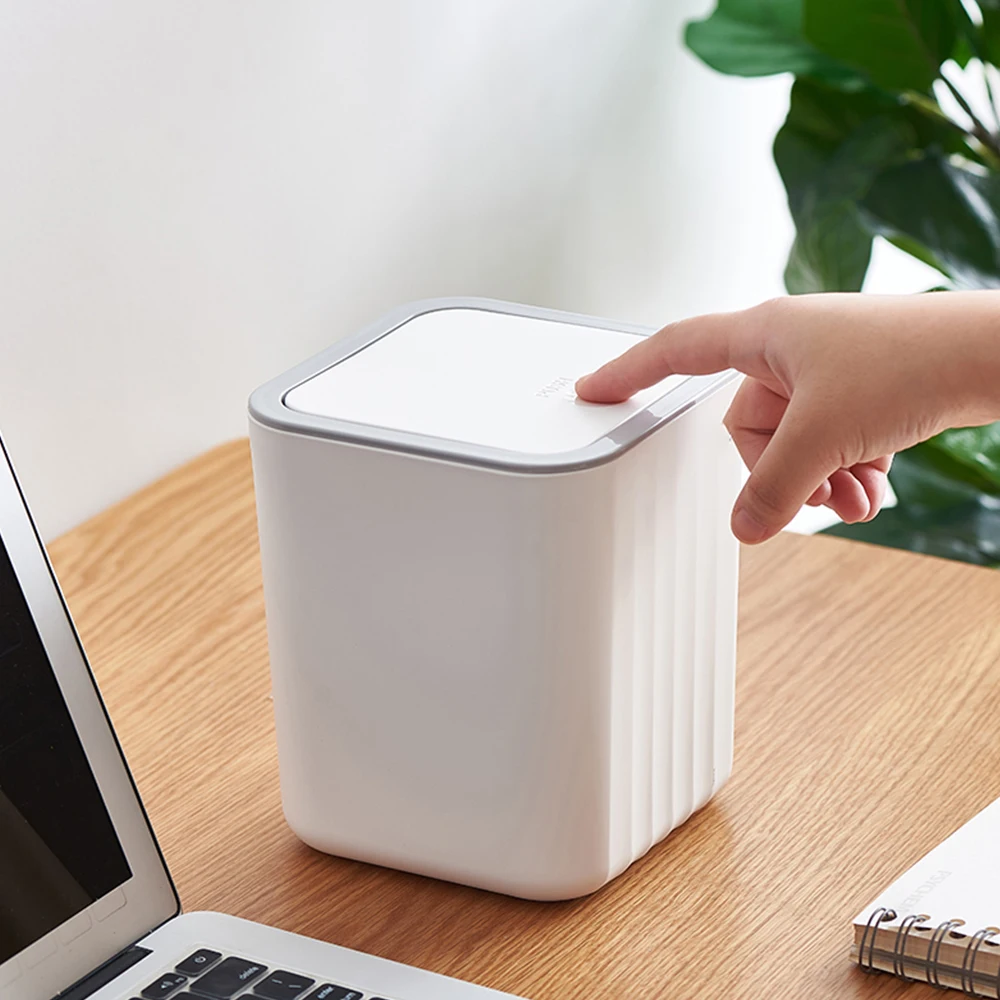 Mini Trash  with Lid Small Can Desk Can Garbage Tiny Waste Basket White