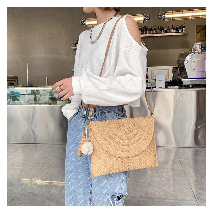 2024 summer autumn Korean chain shoulder handbag straw crossbody bag clutch for women