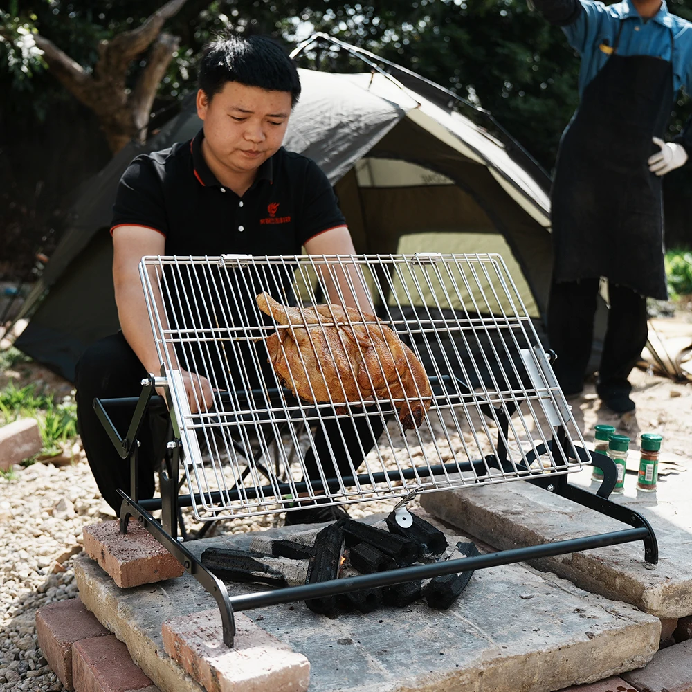 Portable Outdoor Garden Rotisserie BBQ Grill Stainless Steel Basket Net Rotating Charcoal/Wood Burning Flip BBQ Grill
