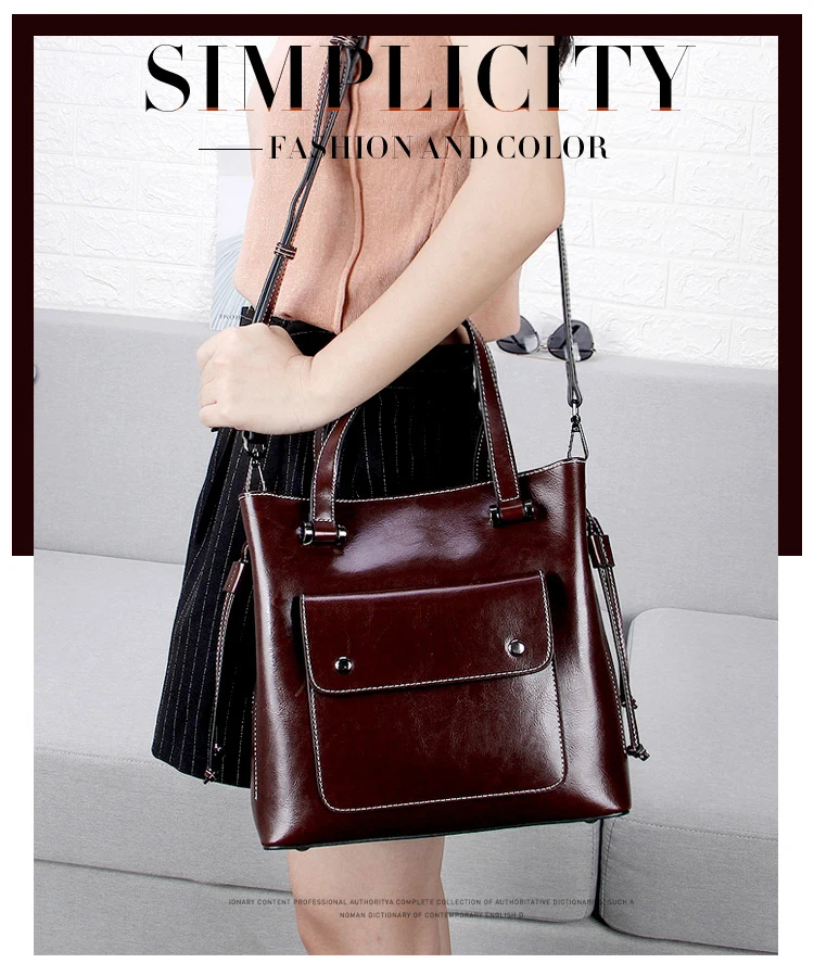 2019 China Fashion Oil Wax Genuine Leather Bag Large Capacity Tote Bag Big Ladies Cowhide Shoulder Bags