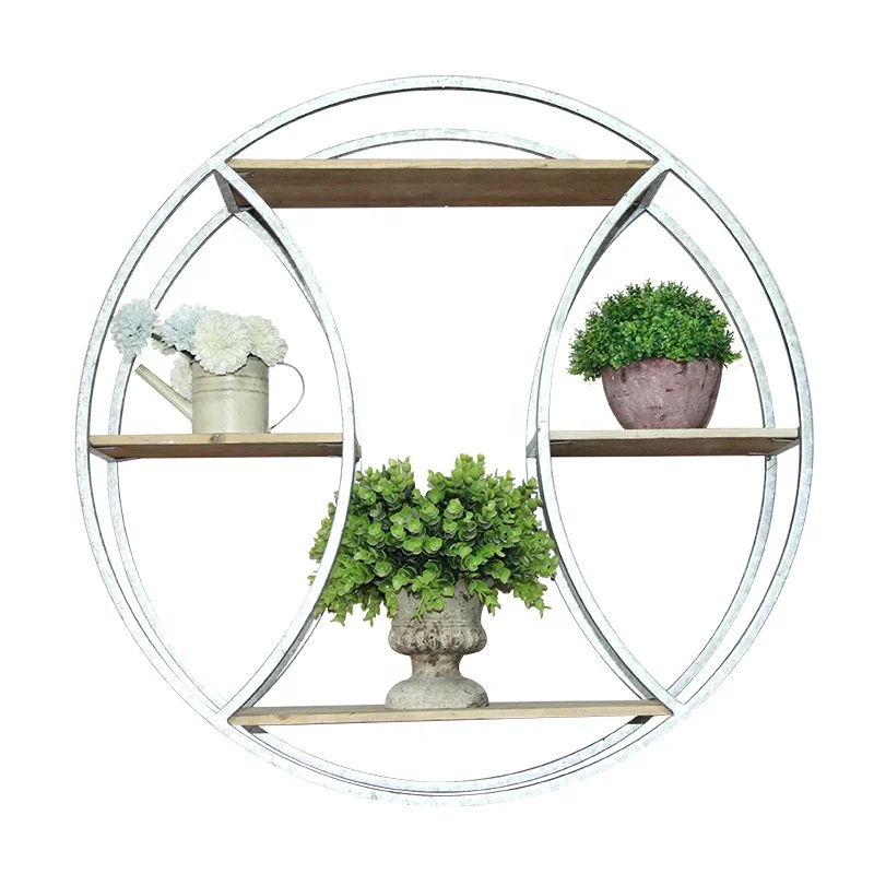Home Round Storage Rack Floating Shelves Decorative Metal Wood Shelf Wall Mount Hanging Rack