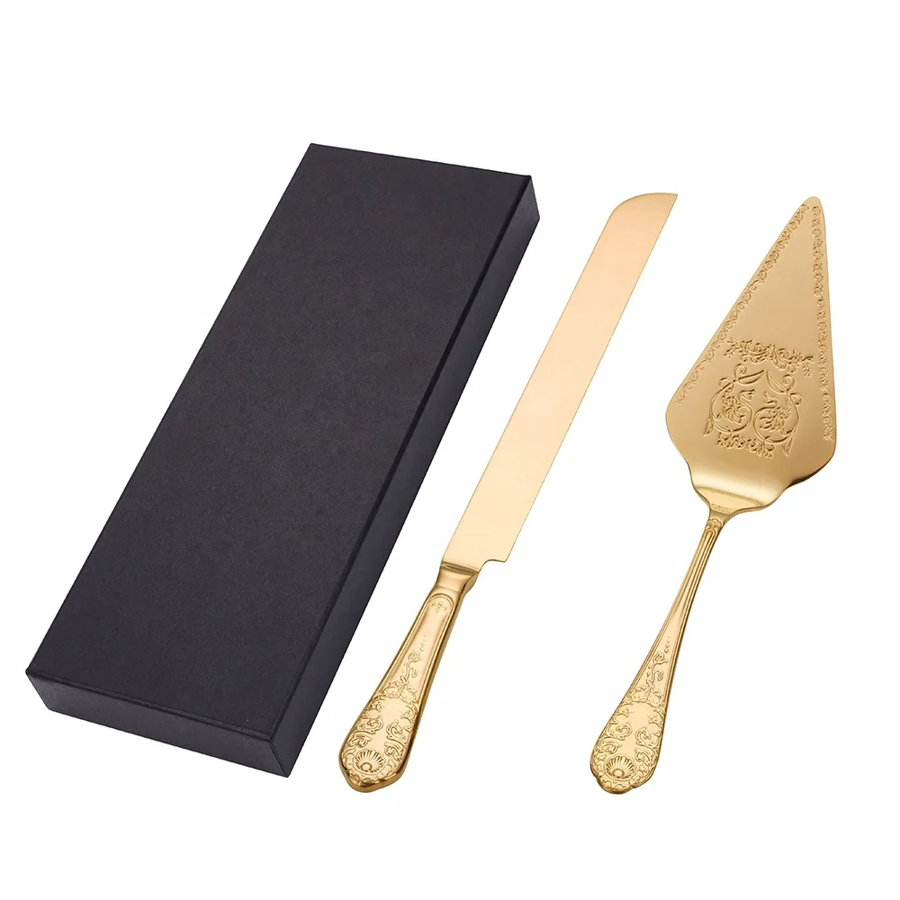 18/10 Luxury Gold Stainless Steel Wedding Cake Knife Cutter And Spatula Set 2 Piece Pie Server Cake Cutter Knife for Birthday