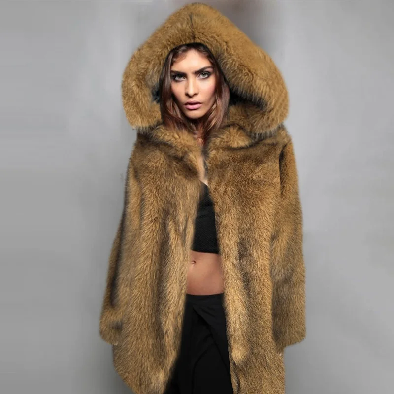 New fashion custom logo  imitation fur coats  Wholesale hooded outwear High Quality artificial fur long jackets for ladies