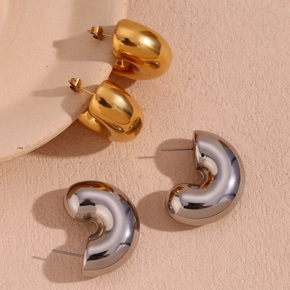 Smooth Stainless Steel Geometric Chunky Unusual C-Shaped Fashion Stud Earrings Waterproof 18K Gold Plated Jewelry