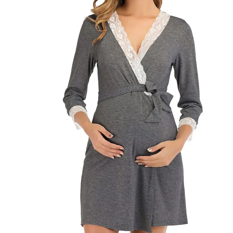 Elegant Women Solid V-neck Lace Dresses Fashion Lace Collar Maternity Dress with Waist Belt Fall Maternity  Clothing