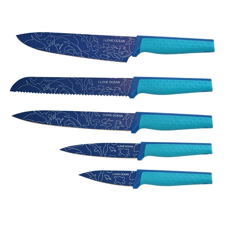 Китайская фабрика OEM изготовленный на заказ немецкий красочные синий из нержавеющей стали с антипригарным покрытием, 5 шт набор кухонных ножей