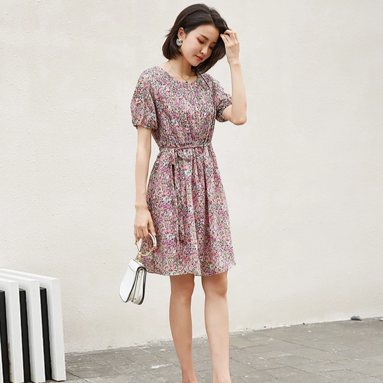 Оптовая продажа, модное Повседневное платье с коротким рукавом и цветочным принтом, Летнее шелковое шифоновое мини-платье цвета фуксии