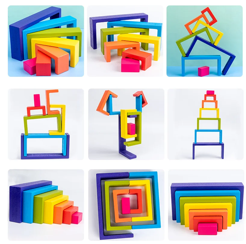 New style Hot Sale Wooden Rainbow House Blocks Toy  Rainbow Tower Stacking Blocks Game Wooden Waldorf Blocks Toys for kids