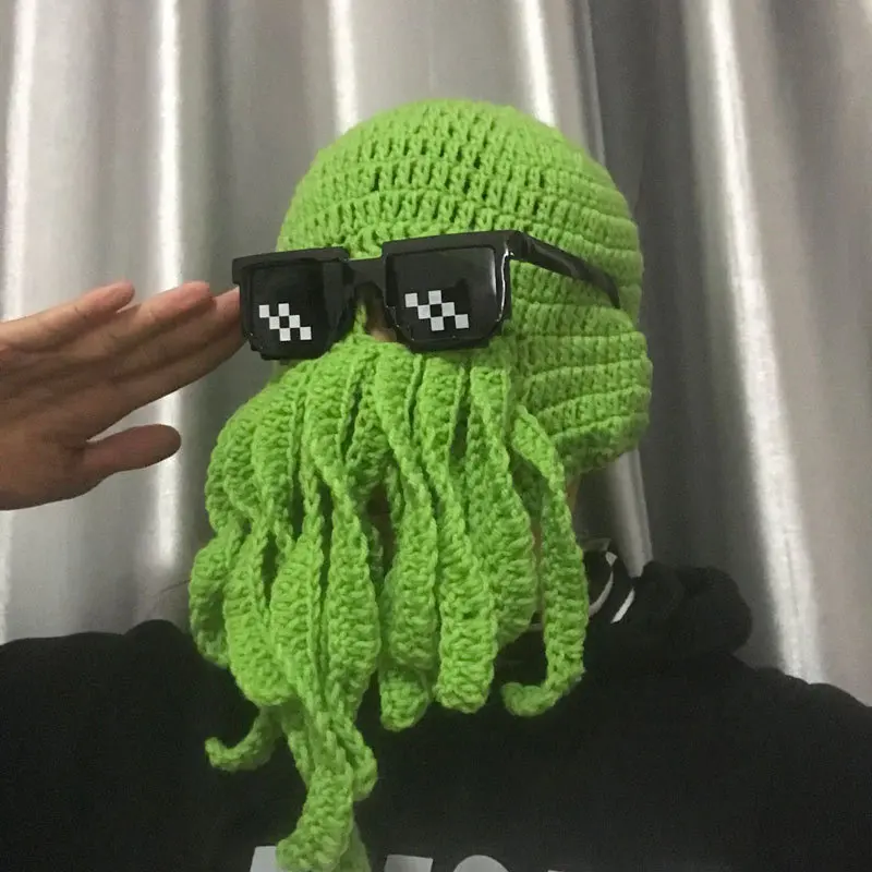 Men Barbarian Vagabond Knit Beanie Original Funny Foldaway Beard Octopus Pirate Hats Crochet Bearded Caps Costume Squid Mask