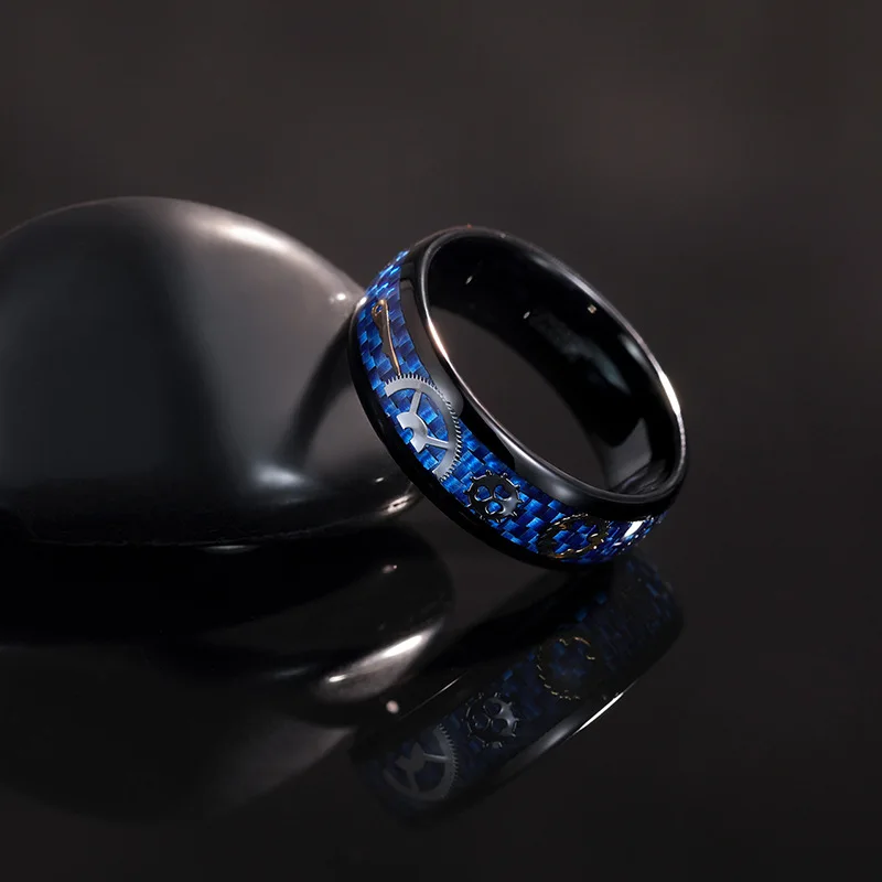 POYA 8mm Dome Polished Mens Blue Carbon Fiber Gear Inlay Tungsten Ring for Men Unique Gift