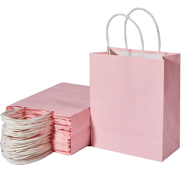 Light pink kraft paper bag custom printed logo shopping gift bag environmental handbag
