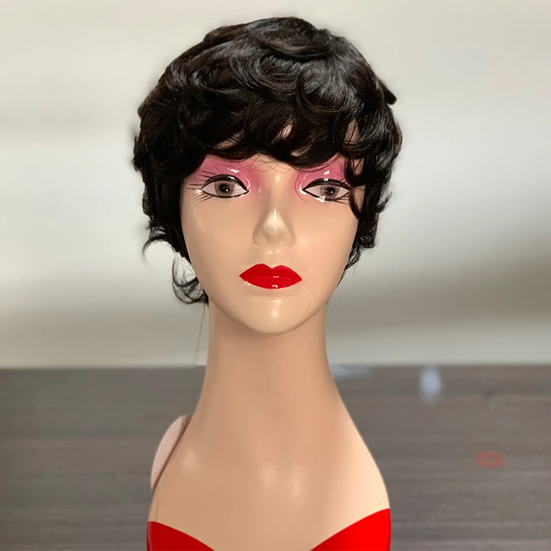 Machine made short wavy human hair wig with fringe