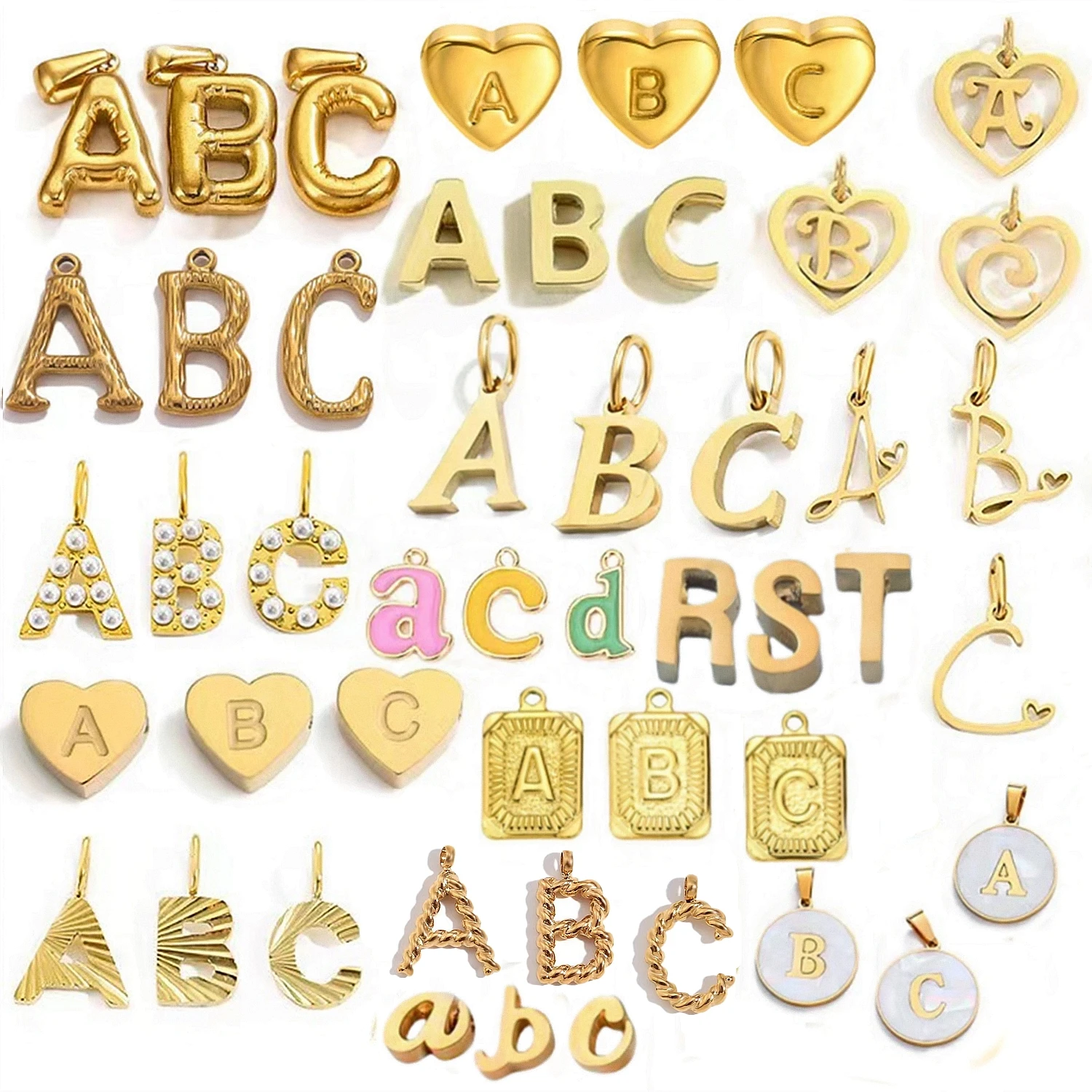 DIY Candy Color Heart Zircon Round Shell 26 Letter Charms Custom Initial A-Z Alphabet Letter Gold Stainless Steel Pendants