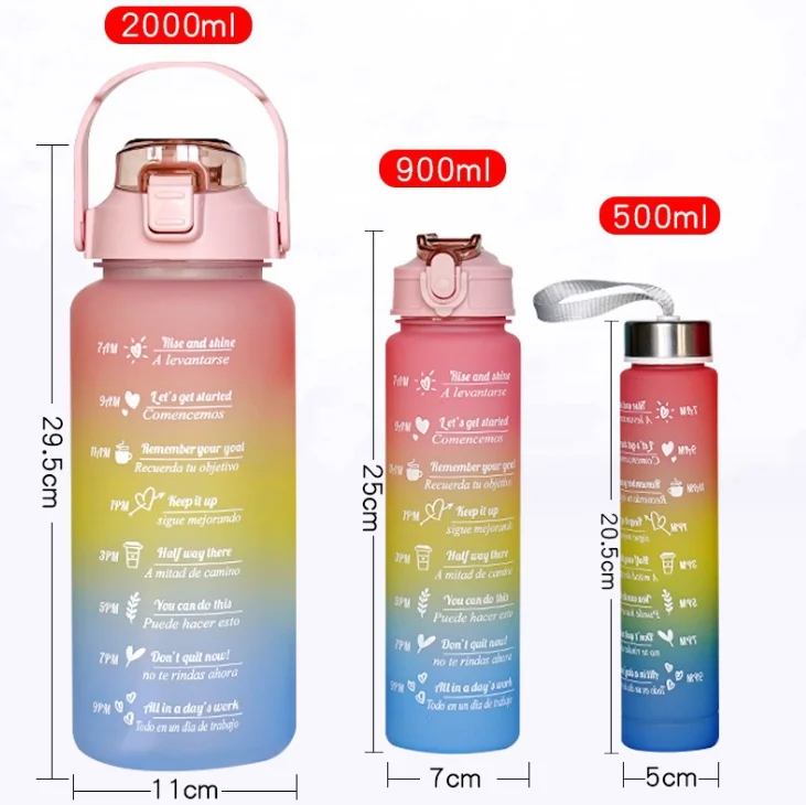 Leak Proof 3 Pcs In 1 Set 2L Half Gallon Time Marker Direct Drinking Plastic Sport Gym Water Bottles Set Of 3 With Straw
