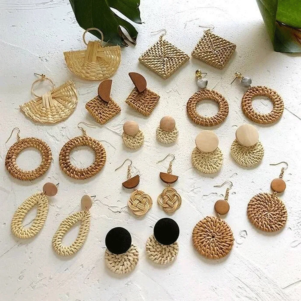On Sale Wholesale Wood Rattan Wave Bohemian Geometric Acrylic Earrings Jewelry for women gift