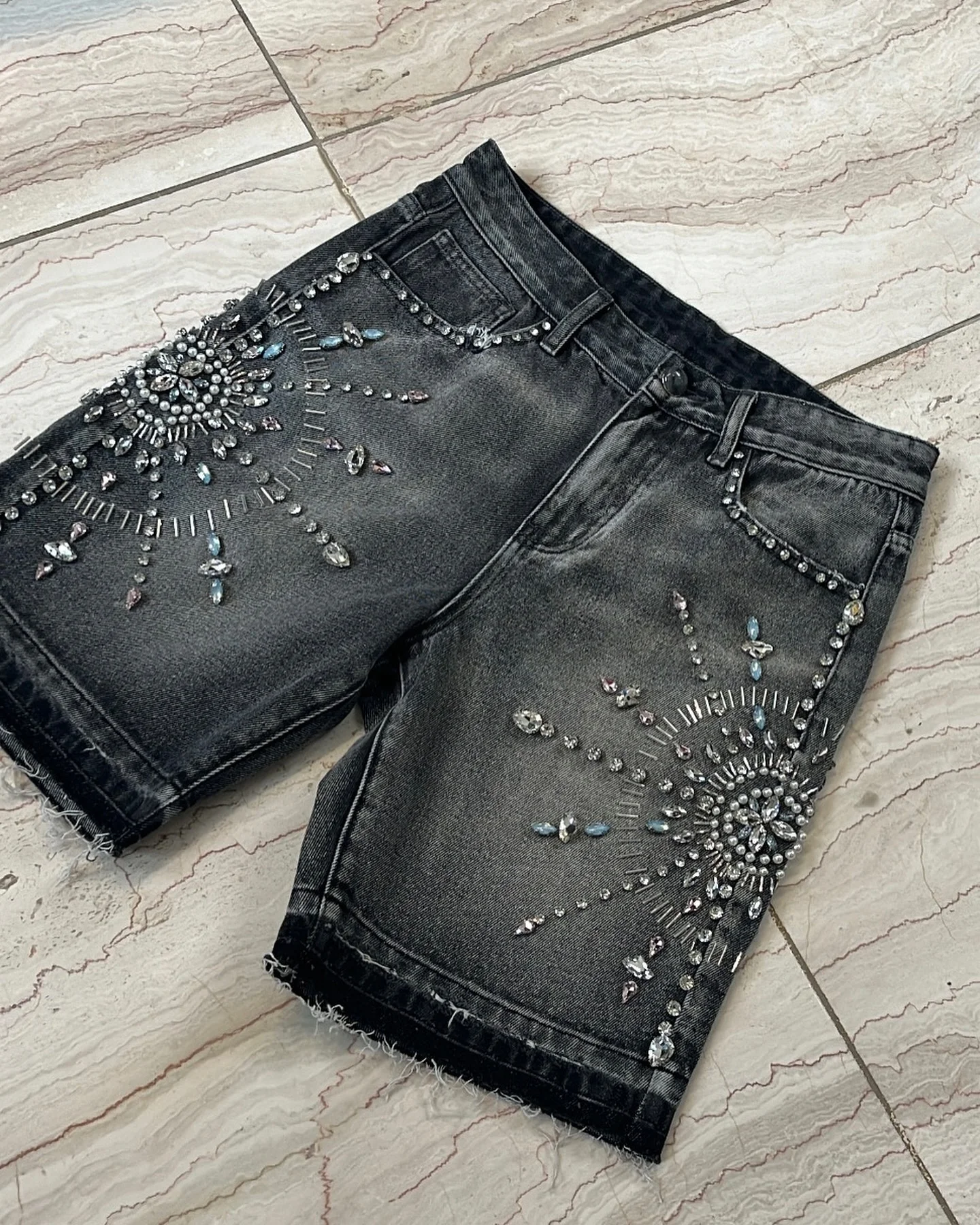 Salati Manufacturer Custom Skate Double Knee Black Rhinestone Distressed Vintage Acid Wash Baggy Jorts Denim Jeans Shorts Men