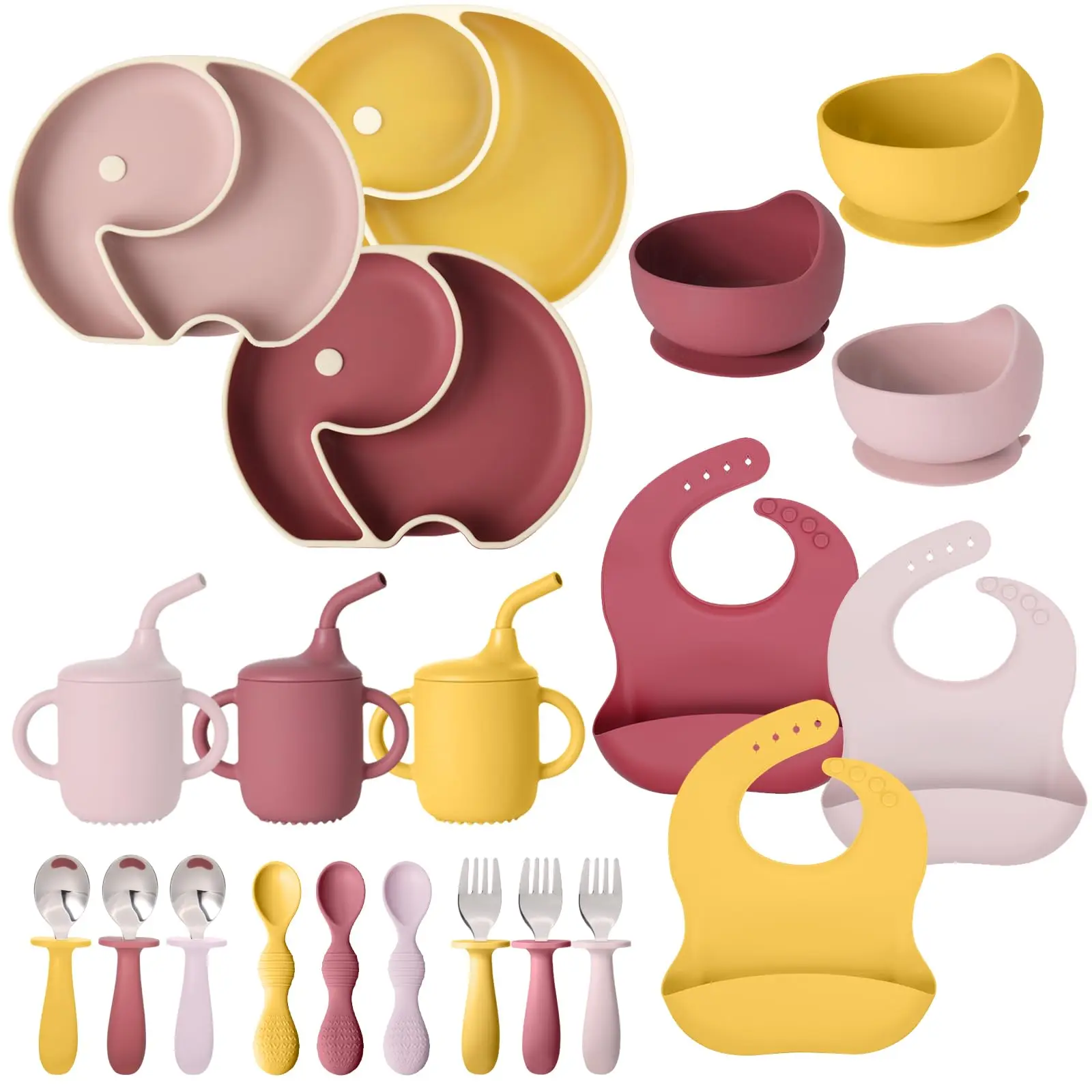 Baby Led Weaning Supplies Soft Toddler Suction Bowls and Divided Plates Set Spoons Forks for 6+ Months Silicone Baby Feeding Set