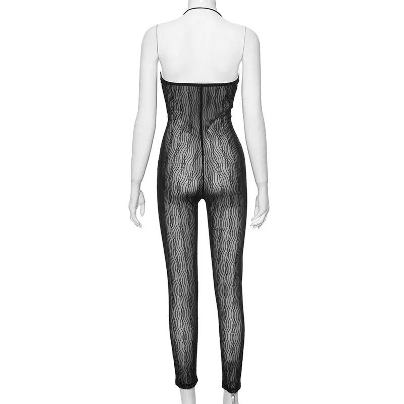 Fashion One Piece Rompers Night Wear 2024 Women Sleeveless Skinny Pencil Pants Sexy Halter Mesh See Through Jumpsuits