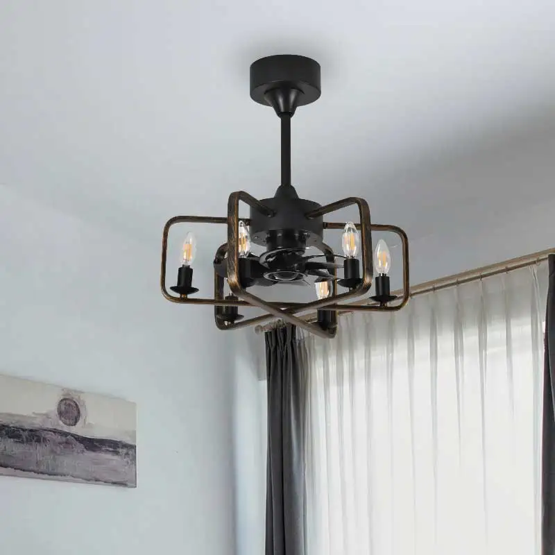 Caged Ceiling Fans Farmhouse 18 Inch Flush Mount Vintage Bladeless Rustic Chandeliers Fan Remote Bedroom Ceiling Fan with Light