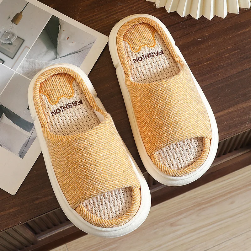 New Linen slippers female residence household cartoon four seasons high end indoor cotton linen thick bottom anti slip sandals