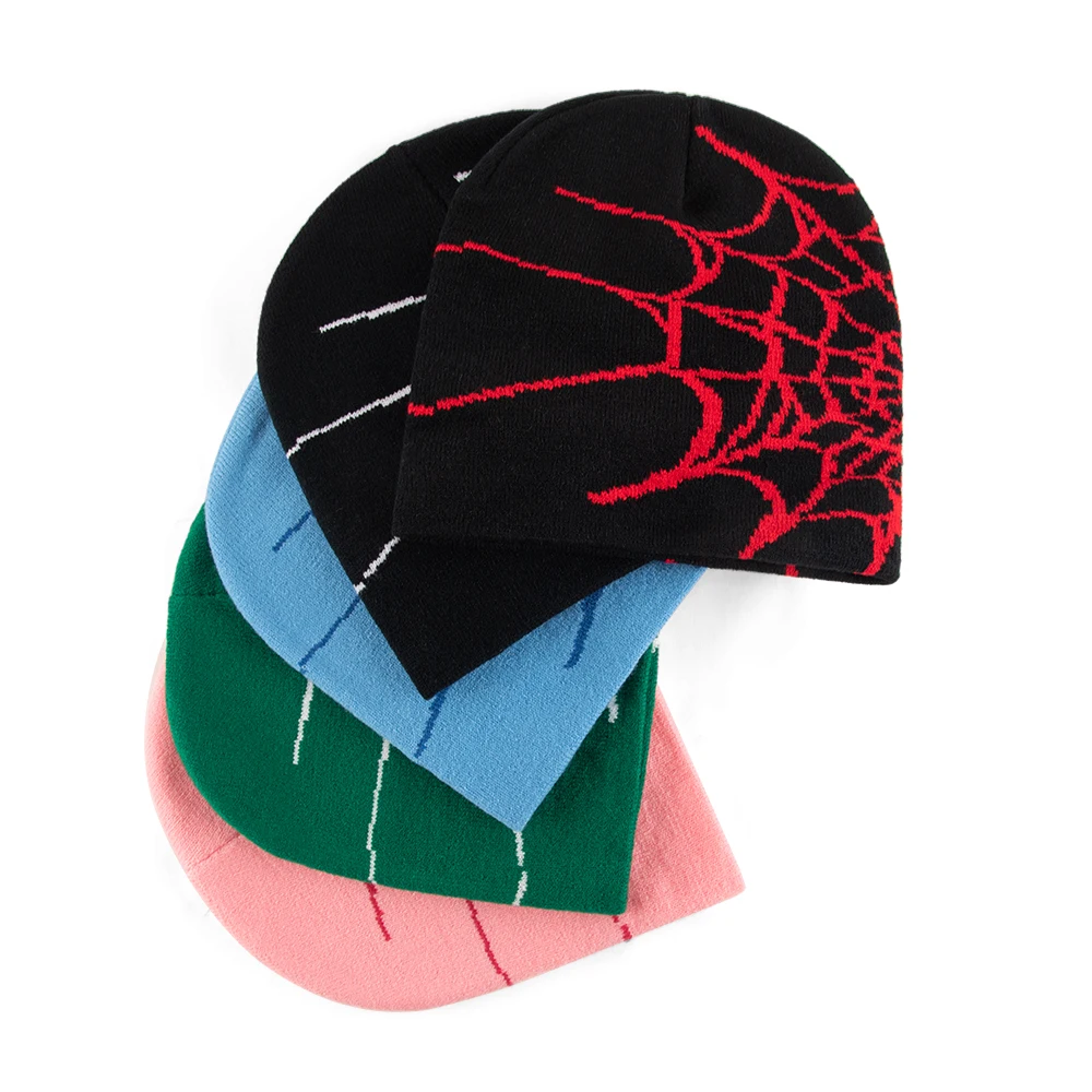 Low MOQ Custom Beanie Manufacturers All Over Print Jacquard Y2K Gothic No Cuff Fold Cuffless Winter Skull Cap Knit Hat With Logo