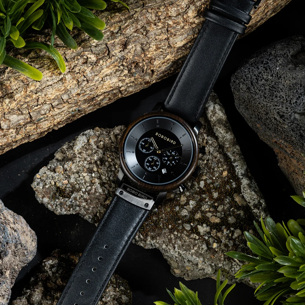 Custom luxury low moq Dropshipping Stainless Steel Case Leather strap Chronograph wood watch