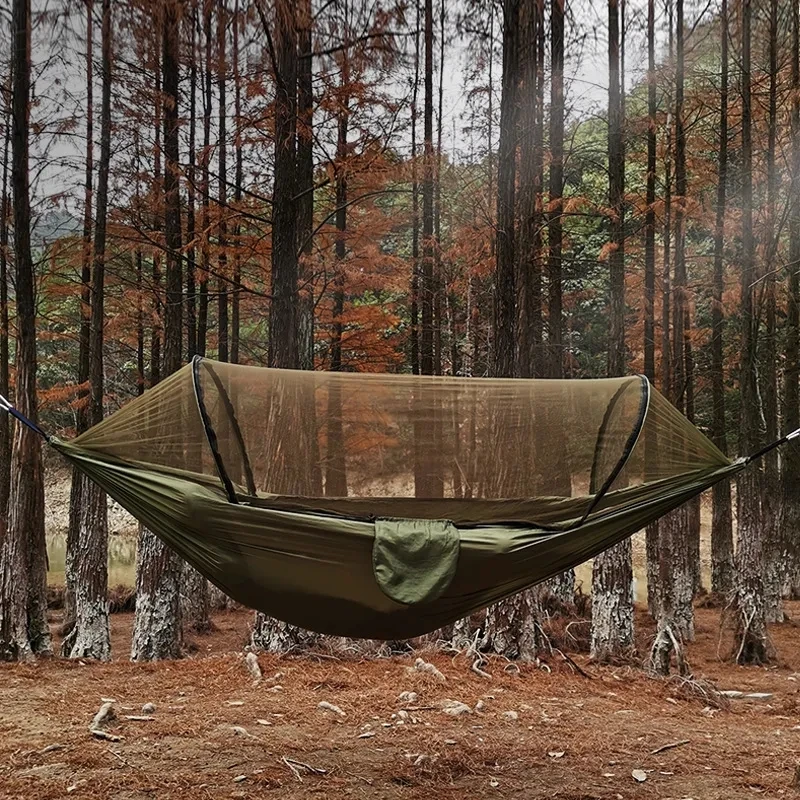 Automatic Quick-opening Outdoor swing Anti-rollover Nylon Rocking Chair 260x140cm Camping Pole Hammock with Mosquito Net