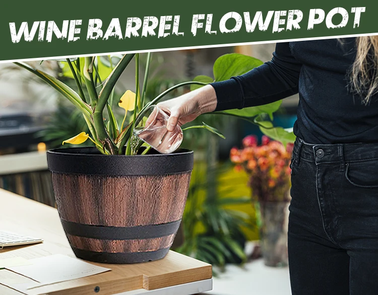 Flower Pots Wooden Whiskey Barrels Shaped Plant Tubs Rustic Flower Bucket for Indoor Outdoor Garden Yard