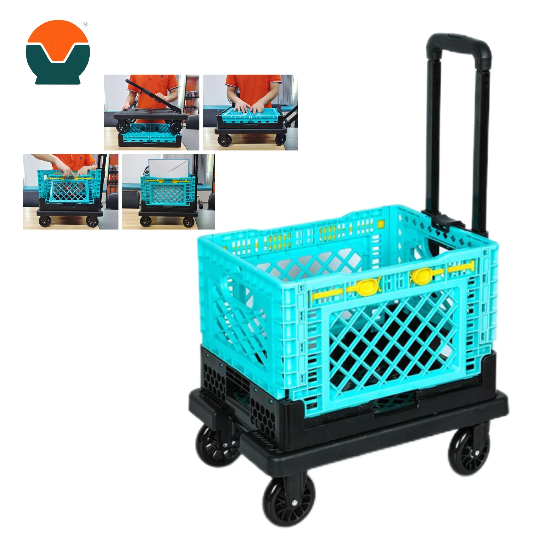 Tianyu Universal Wheels Foldable Trolley Basket Folding Cart Trolley Bag Shopping Detachable Plastic Custom Supermarket 4 1PCS