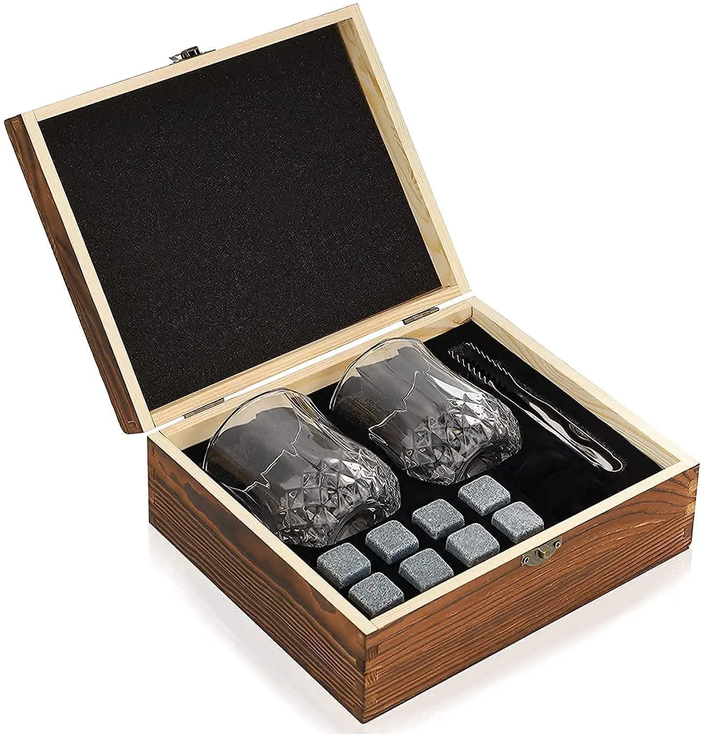 Whiskey Gift Set Whiskey Glass Set of 2 And 8 PCS Granite Chilling Whiskey Roocks with Wooden Box for Men Dad Birthday Gift