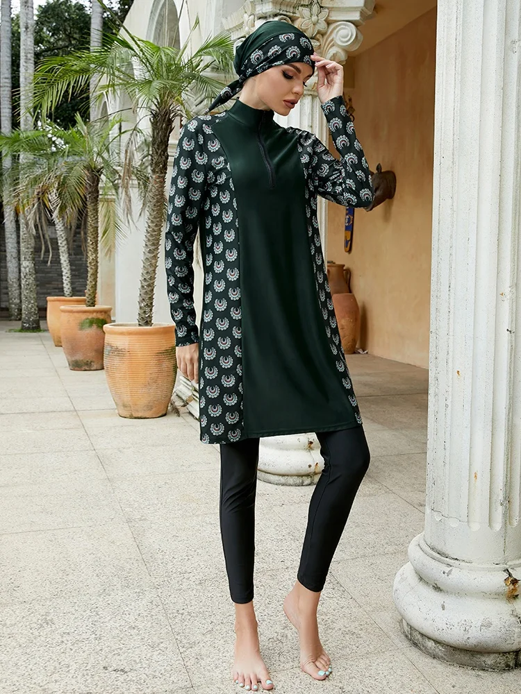 3 Piece Printed Mature Thong Muslim Modest Swimwear Borkini Full Wrap Stretch Slim Fit Long Sleeve Swimsuit Bucket Hat