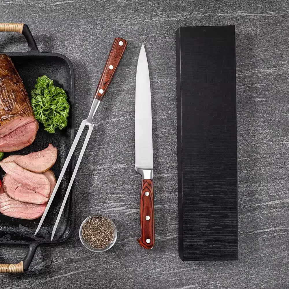 2PCS Stainless Steel Carving Knife Fork Set Slicing Knife with Wood Handle BBQ Stainless Steel Kitchen Knife Set