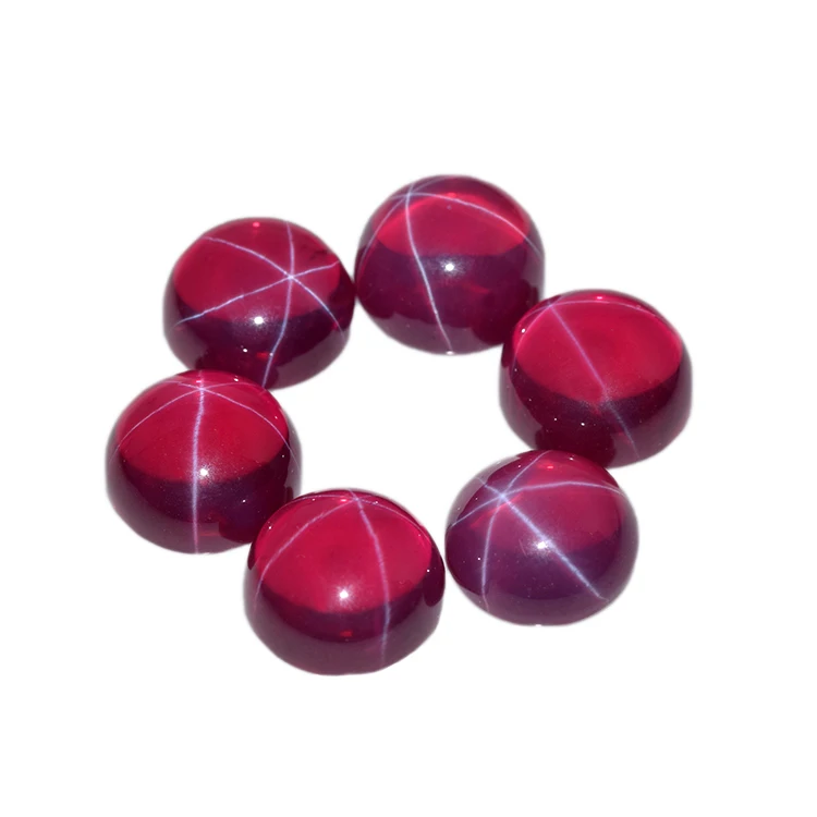 Loose Synthetic Gemstone Red Ruby Round Cabochon 6 Rays Flat Back  Transparent Star Ruby